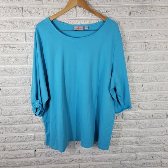 Quacker Factory Womens Top 3X Plus Tunic Roll Tab Sleeve Faux Pearls BLU206E - Picture 1 of 10